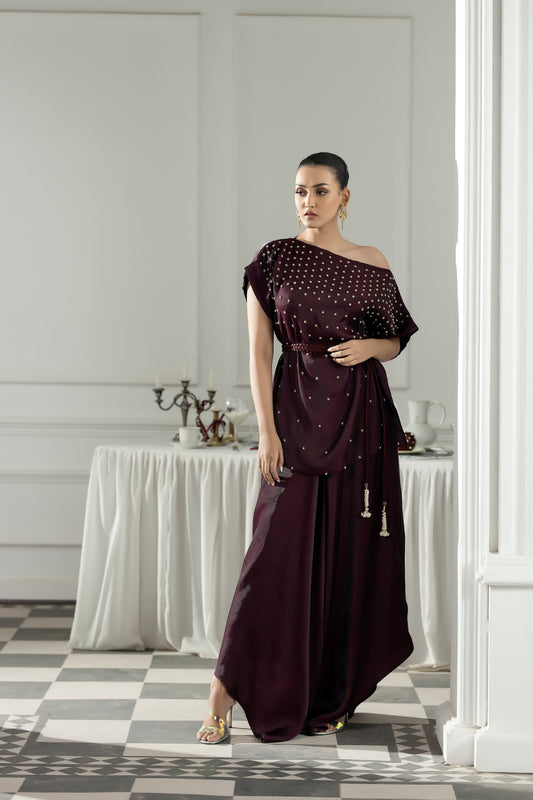 Purple Haze | Suraya Edit | Burgundy Belle - Luxury Dress - available at Maria Faisal in UK and USA.