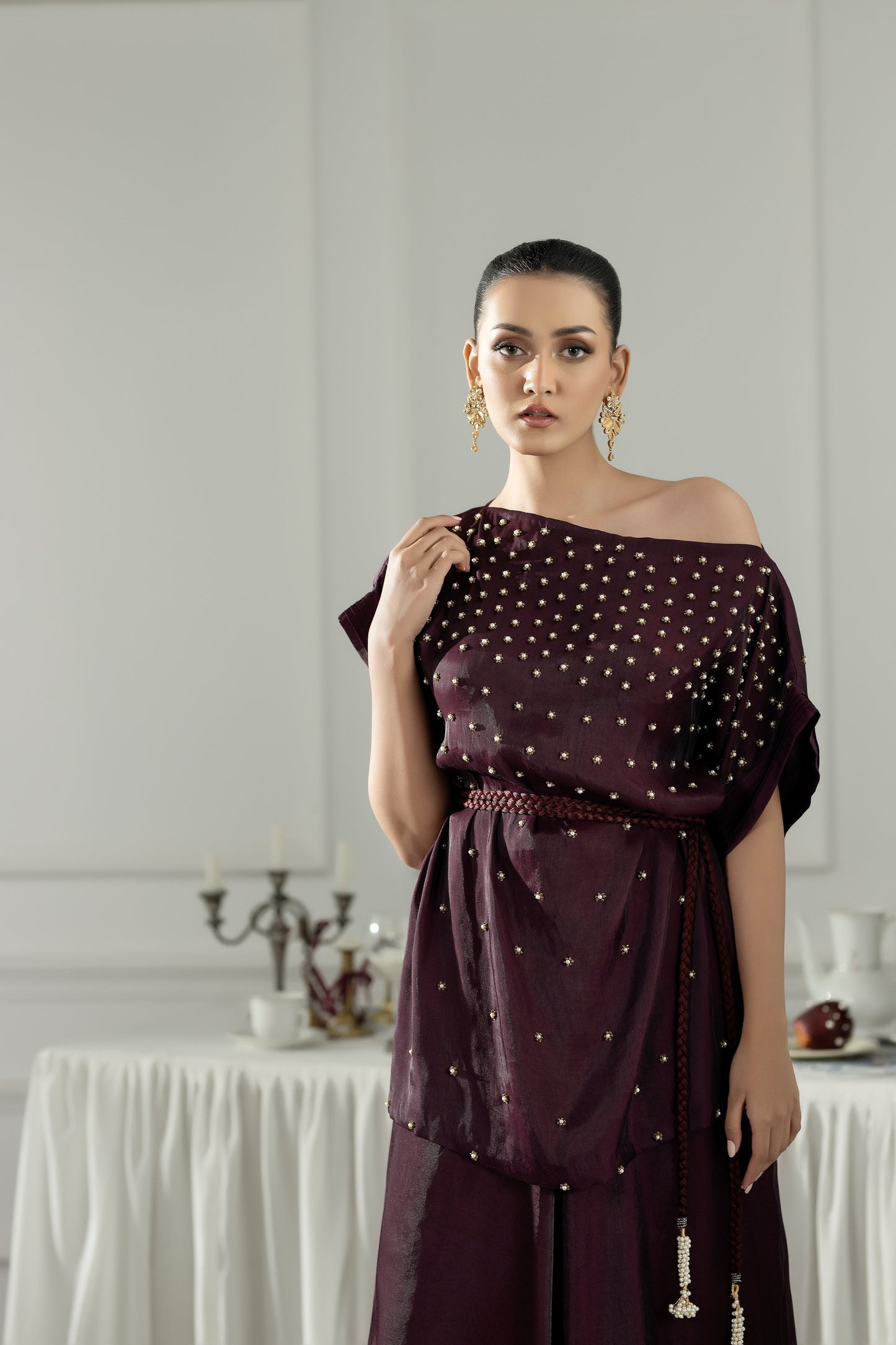 Purple Haze | Suraya Edit | Burgundy Belle - Luxury Dress - available at Maria Faisal in UK and USA.