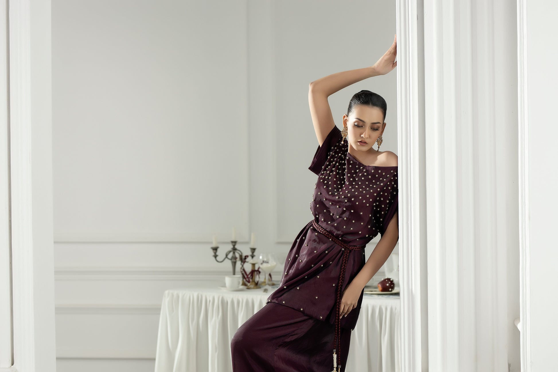 Purple Haze | Suraya Edit | Burgundy Belle - Luxury Dress - available at Maria Faisal in UK and USA.