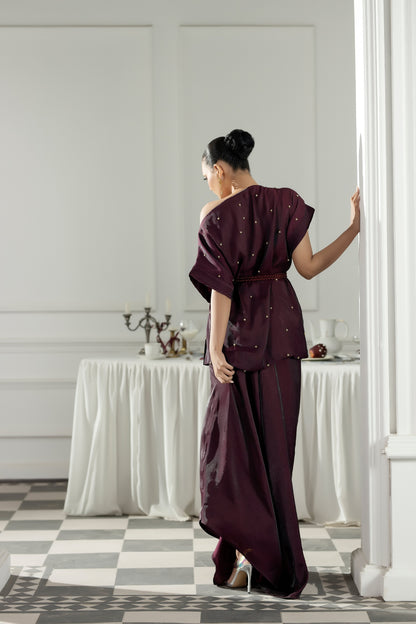 Purple Haze | Suraya Edit | Burgundy Belle - Luxury Dress - available at Maria Faisal in UK and USA.
