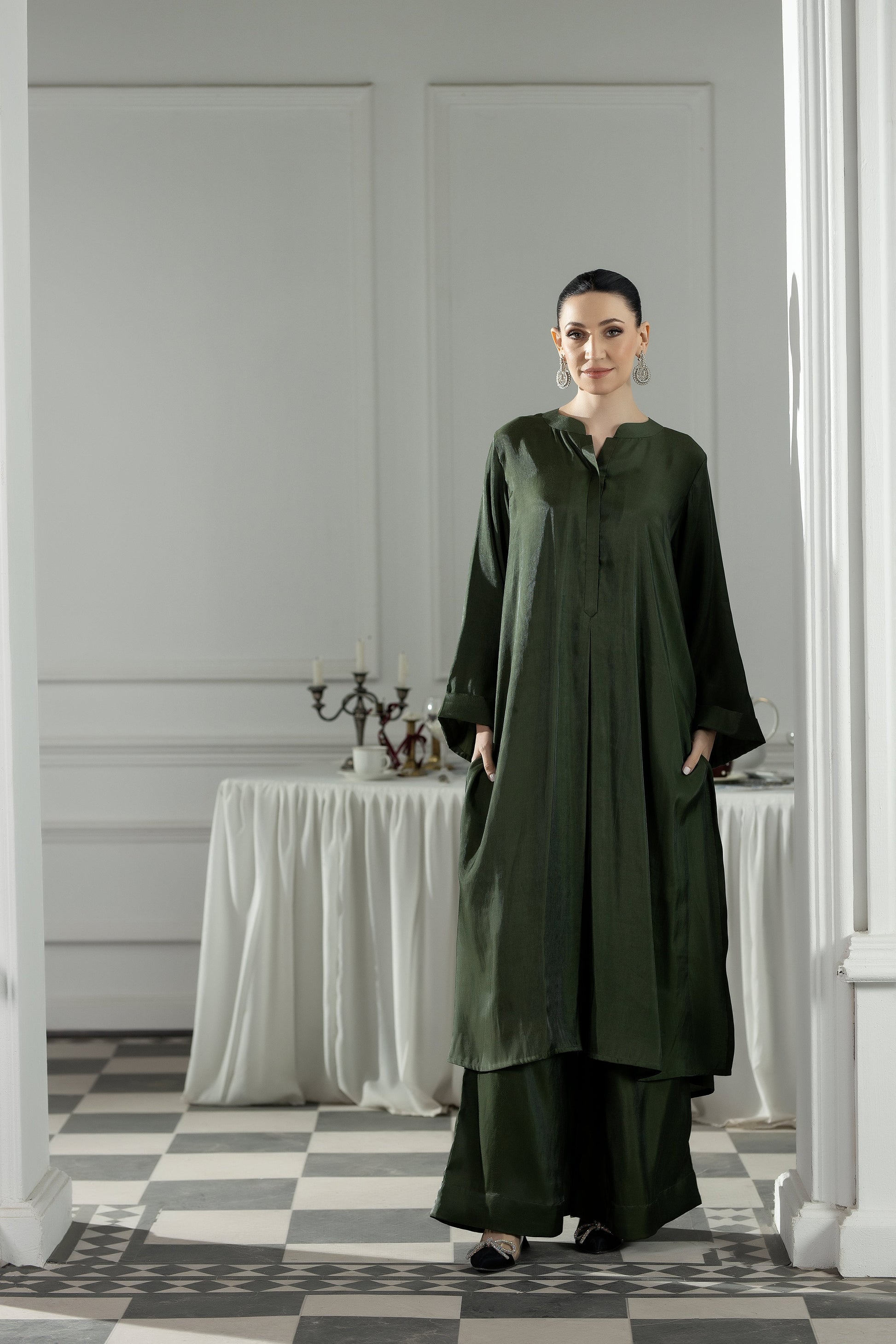 Purple Haze | Suraya Edit | Elegant in Olive - Luxury Dress - available at Maria Faisal in UK and USA.