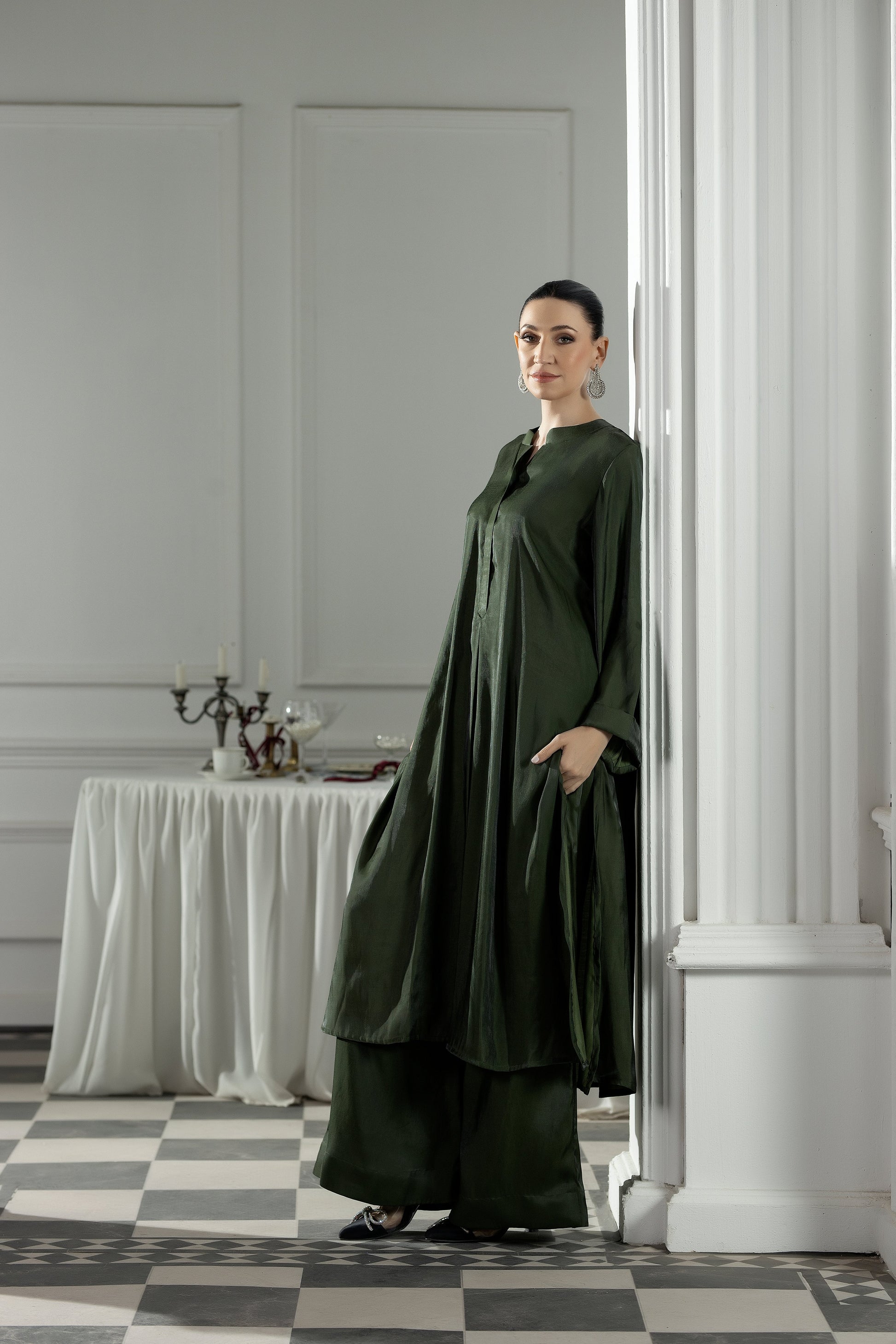 Purple Haze | Suraya Edit | Elegant in Olive - Luxury Dress - available at Maria Faisal in UK and USA.