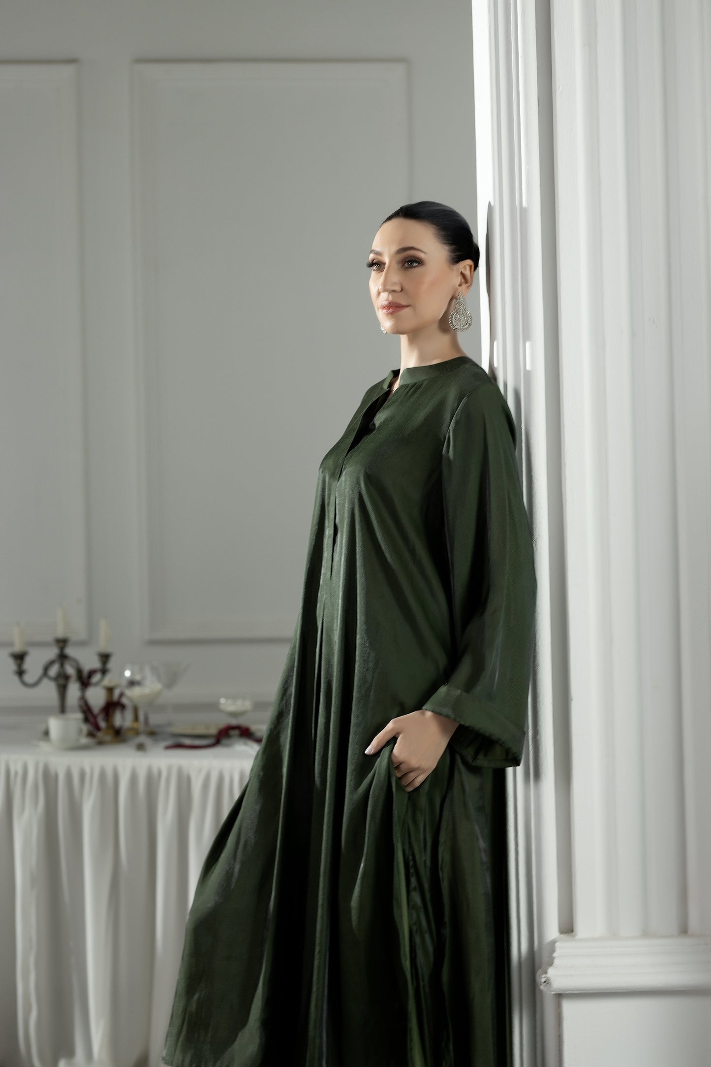 Purple Haze | Suraya Edit | Elegant in Olive - Luxury Dress - available at Maria Faisal in UK and USA.