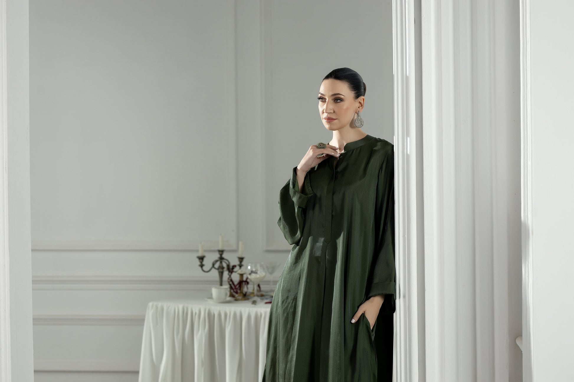 Purple Haze | Suraya Edit | Elegant in Olive - Luxury Dress - available at Maria Faisal in UK and USA.