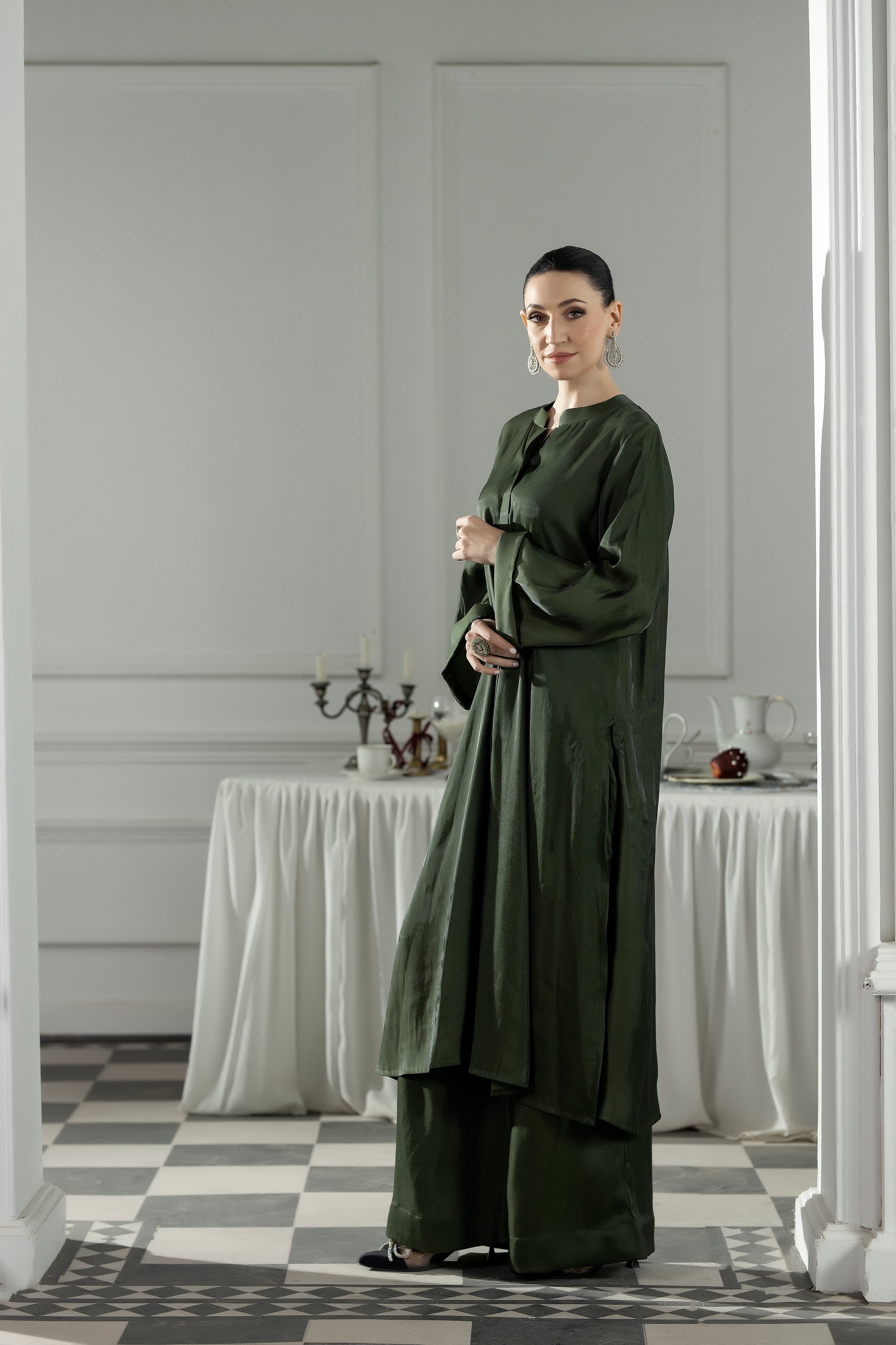 Purple Haze | Suraya Edit | Elegant in Olive - Luxury Dress - available at Maria Faisal in UK and USA.