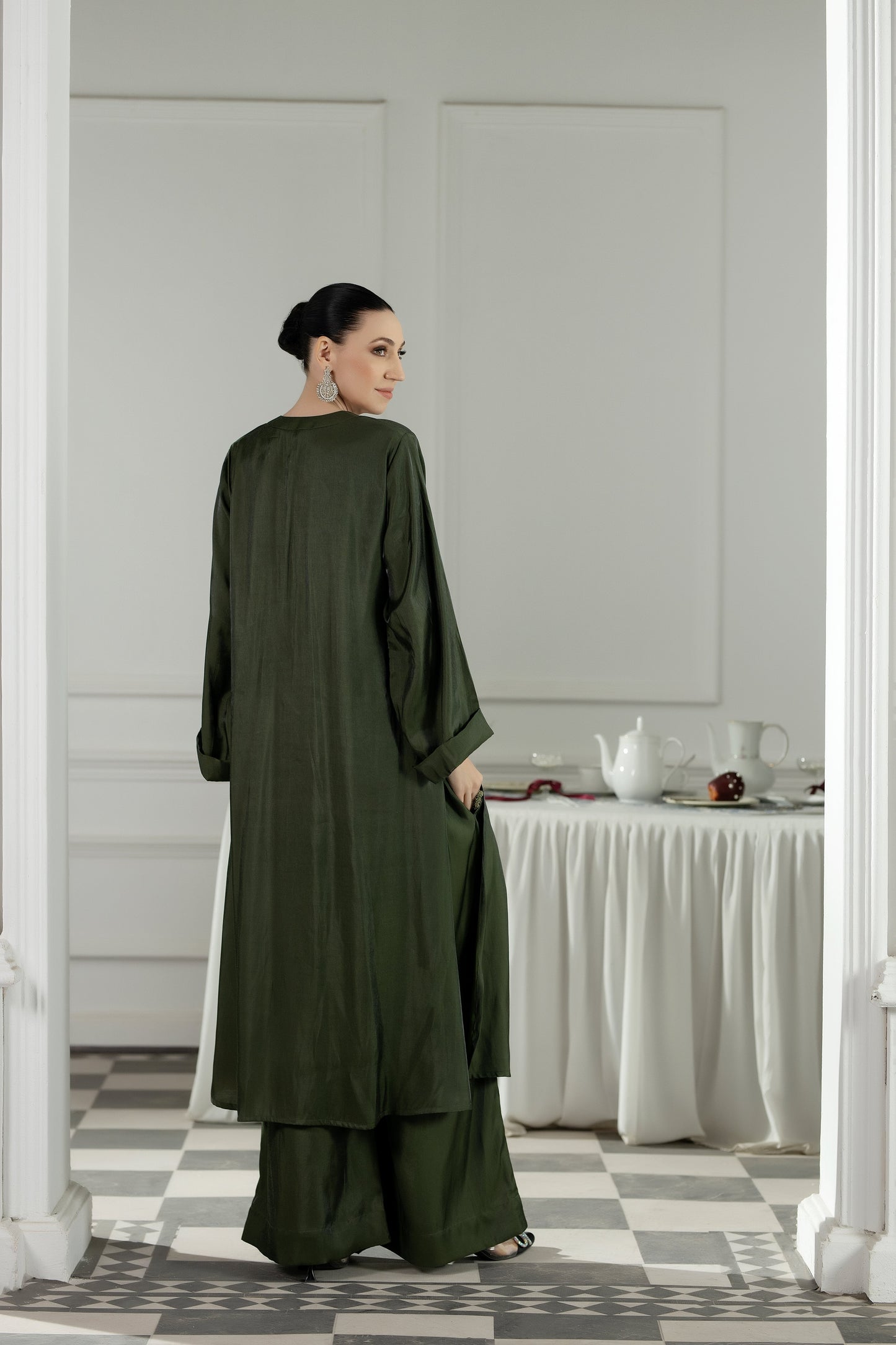 Purple Haze | Suraya Edit | Elegant in Olive - Luxury Dress - available at Maria Faisal in UK and USA.
