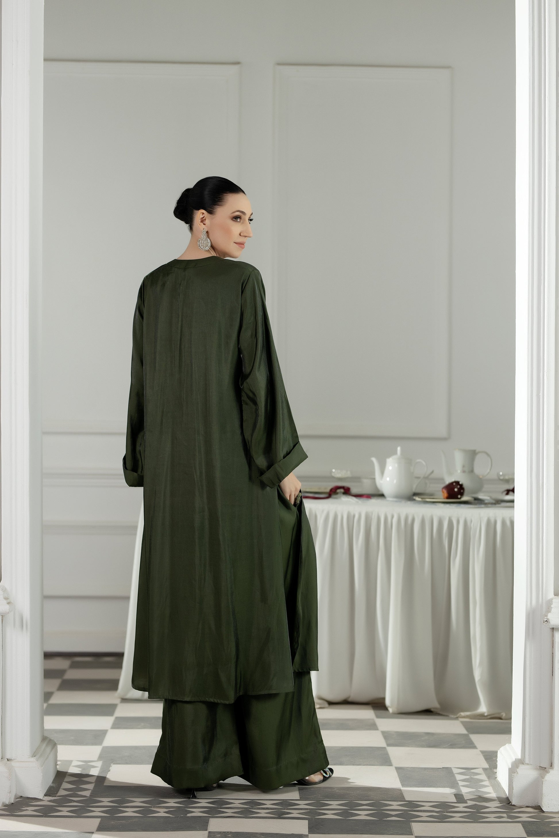 Purple Haze | Suraya Edit | Elegant in Olive - Luxury Dress - available at Maria Faisal in UK and USA.