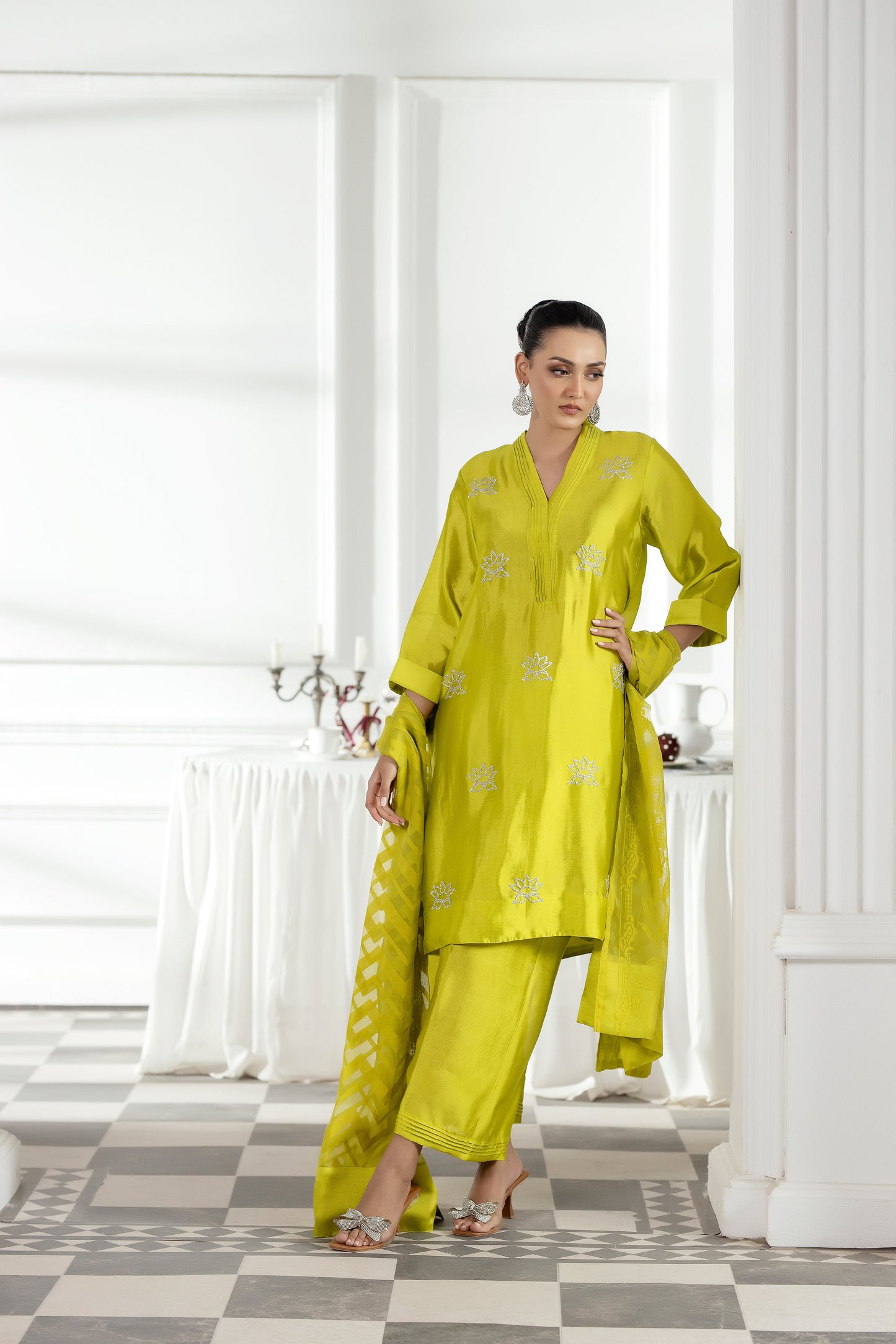 Purple Haze | Suraya Edit |Chartreuse Charm - Luxury Dress - available at Maria Faisal in UK and USA.
