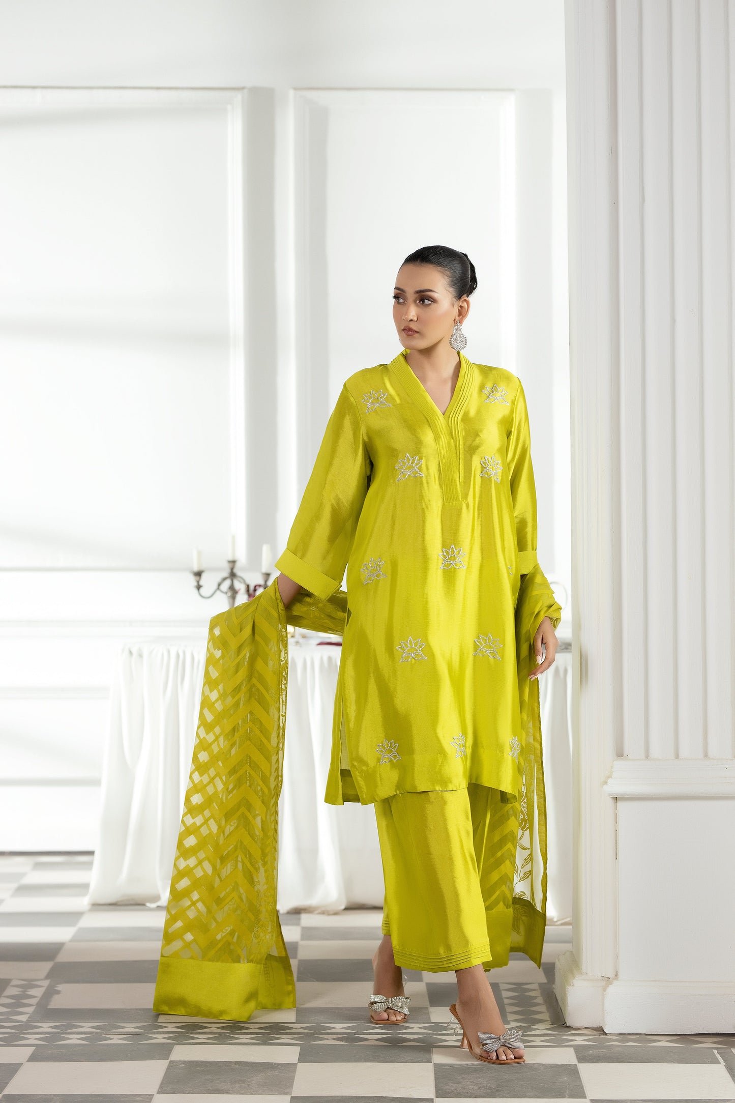 Purple Haze | Suraya Edit |Chartreuse Charm - Luxury Dress - available at Maria Faisal in UK and USA.