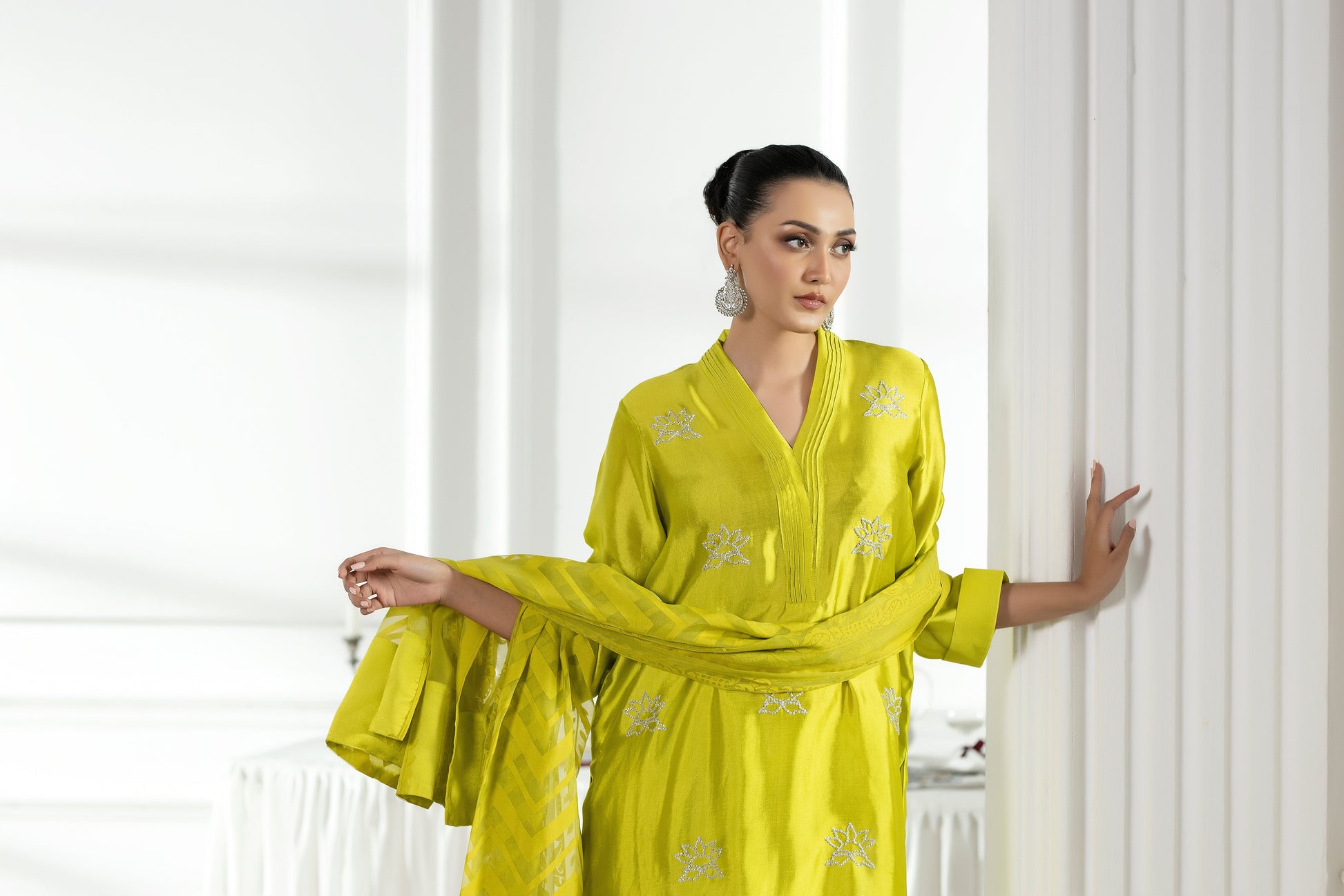 Purple Haze | Suraya Edit |Chartreuse Charm - Luxury Dress - available at Maria Faisal in UK and USA.