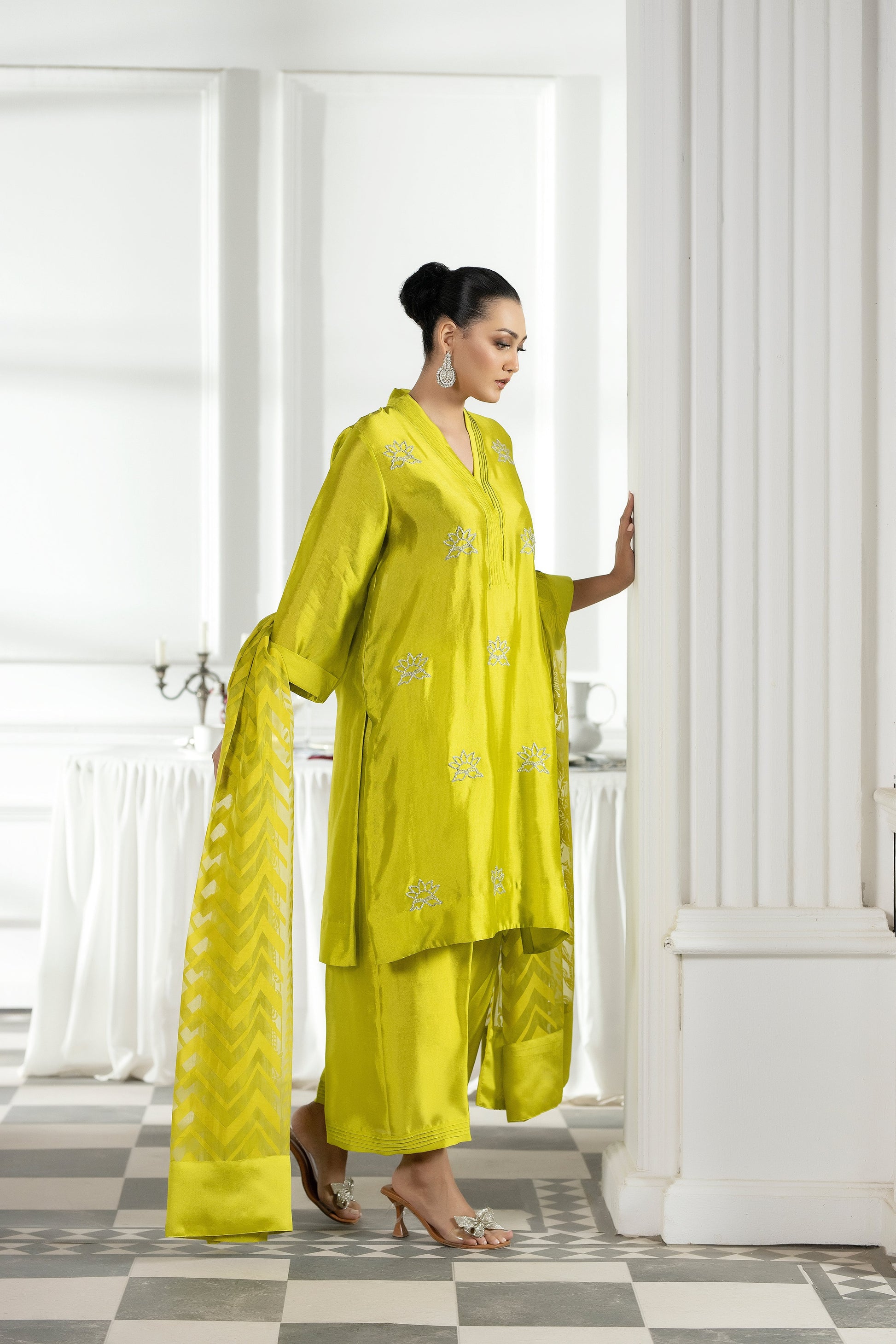 Purple Haze | Suraya Edit |Chartreuse Charm - Luxury Dress - available at Maria Faisal in UK and USA.