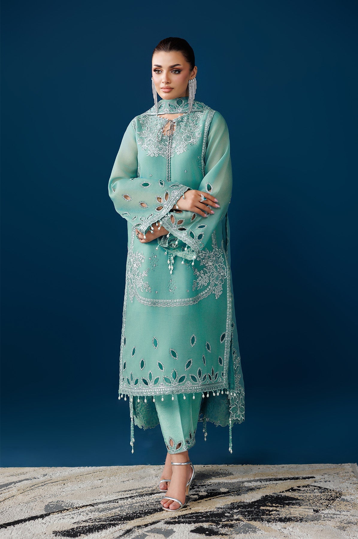 Teal Green Embroidery Chiffon Long Shirt - Alizeh | Dua Formals 26 | AF ...