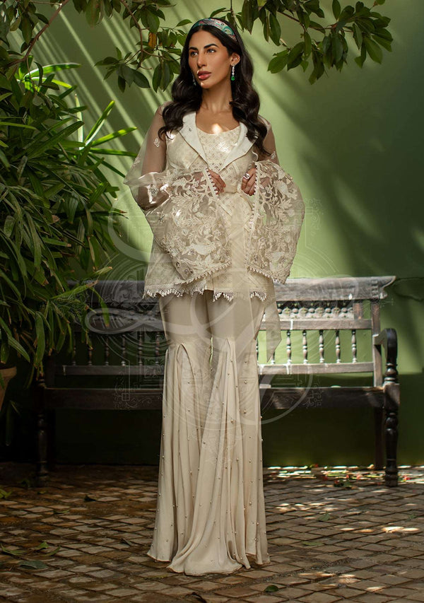 Layla Chatoor | Luxury Pret | Ivory Short Jacket - Luxury Dress - available at Maria Faisal in UK and USA.