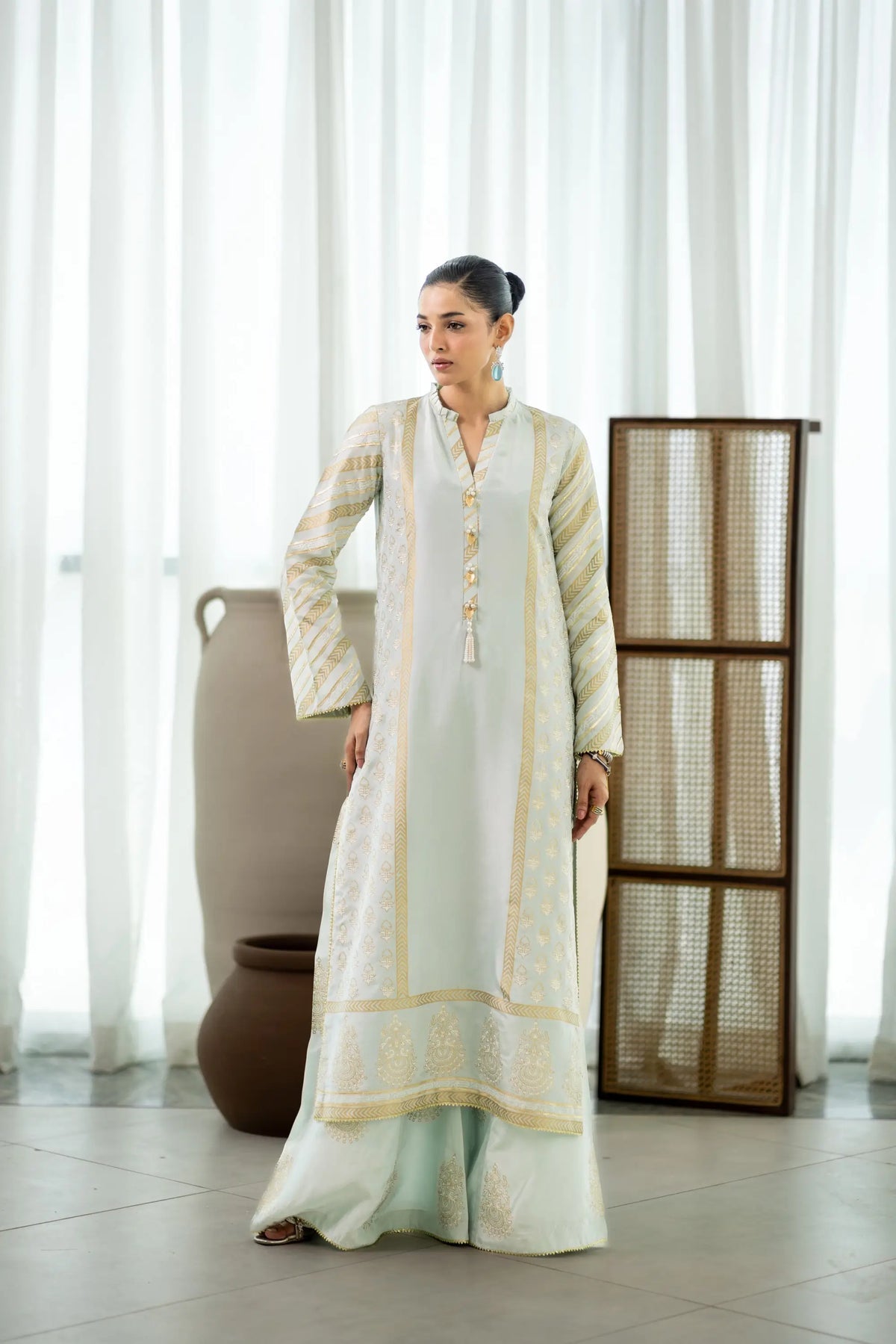Wahaj M Khan | Sanam Luxe | Pista IceBleu BS - Luxury Dress - available at Maria Faisal in UK and USA.