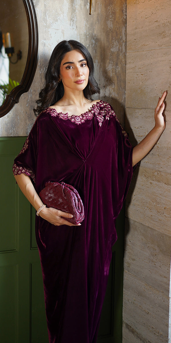 Erum Khan | Velvet Wisper | Wine Whisper - Designer Dress with Intricate embroidery and embellishments. Shop elegent wedding dress at Maria Faisal.