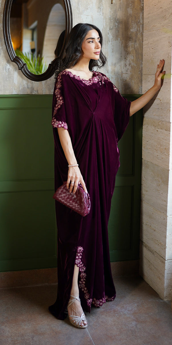 Erum Khan | Velvet Wisper | Wine Whisper - Designer Dress with Intricate embroidery and embellishments. Shop elegent wedding dress at Maria Faisal.