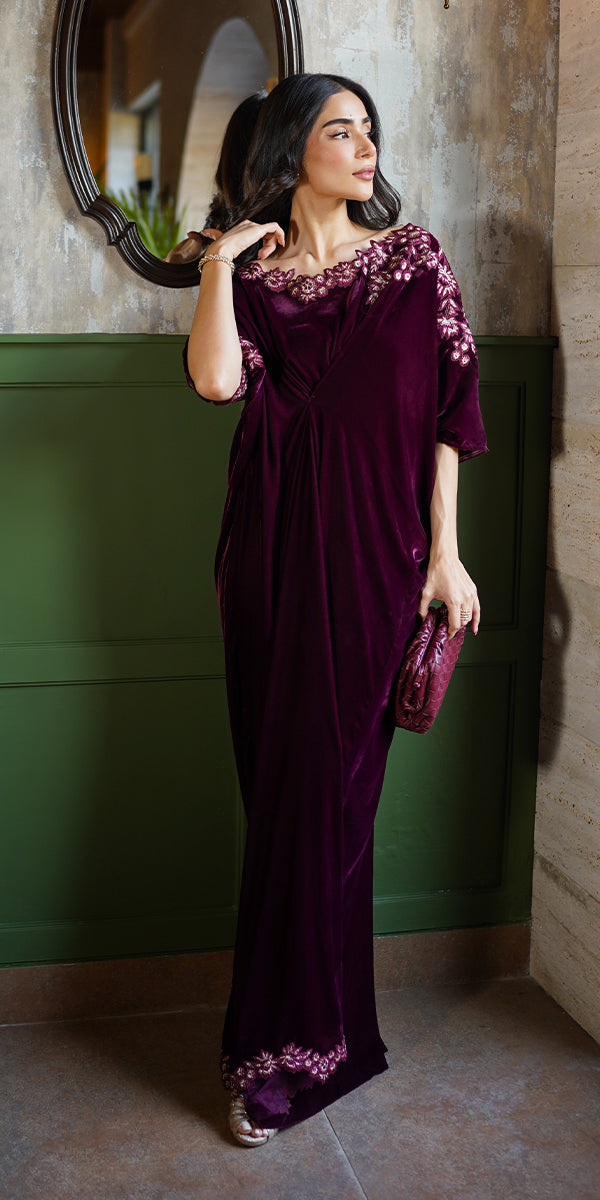 Erum Khan | Velvet Wisper | Wine Whisper - Designer Dress with Intricate embroidery and embellishments. Shop elegent wedding dress at Maria Faisal.