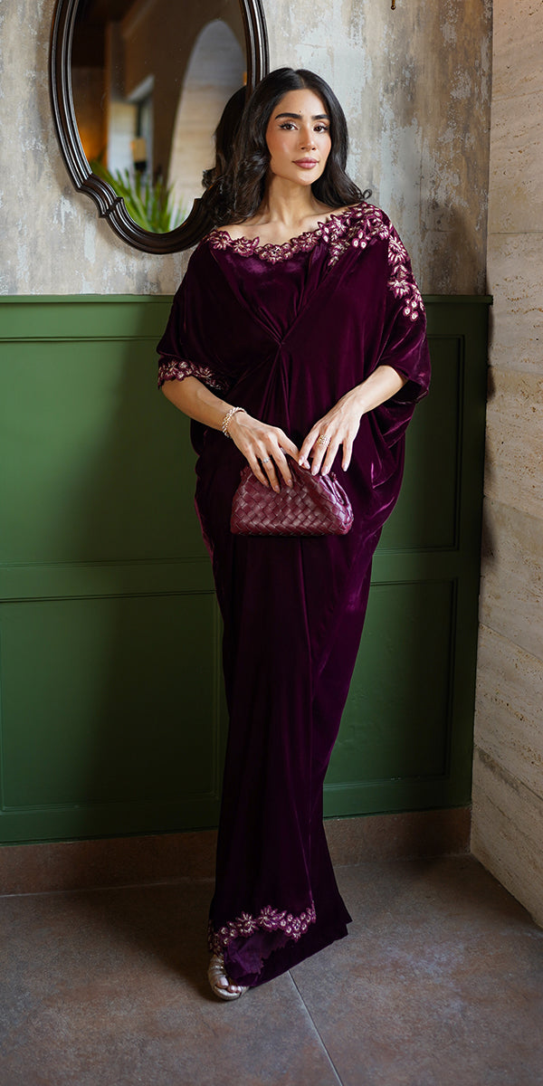 Erum Khan | Velvet Wisper | Wine Whisper - Designer Dress with Intricate embroidery and embellishments. Shop elegent wedding dress at Maria Faisal.
