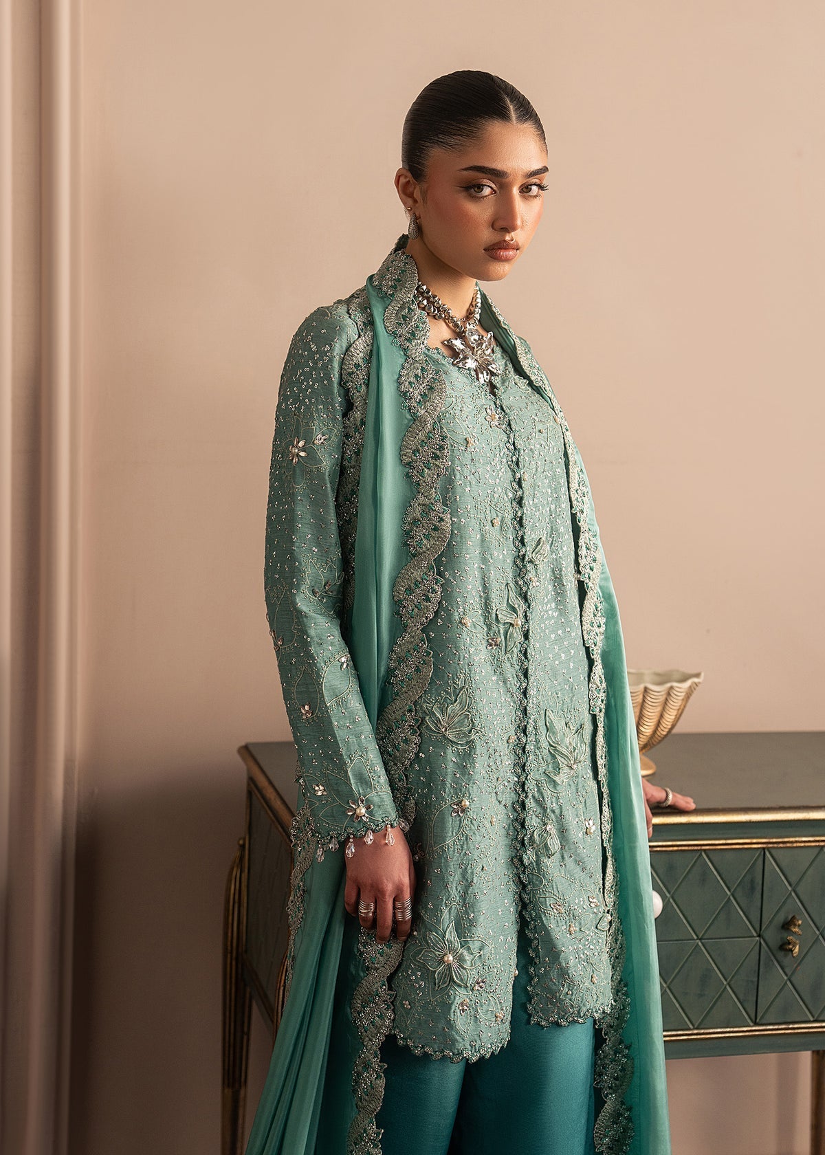Sadaf Fawad Khan | Roya Lumiere | Aqua Eclat - Formal Dress - available at Maria Faisal in UK and USA.