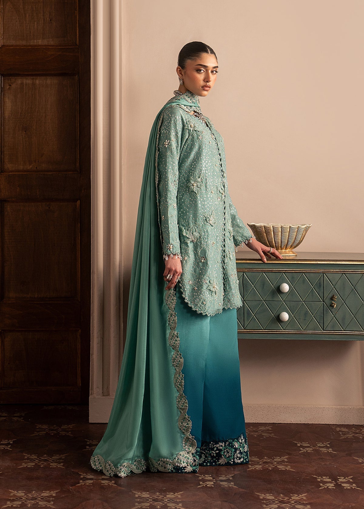 Sadaf Fawad Khan | Roya Lumiere | Aqua Eclat - Formal Dress - available at Maria Faisal in UK and USA.