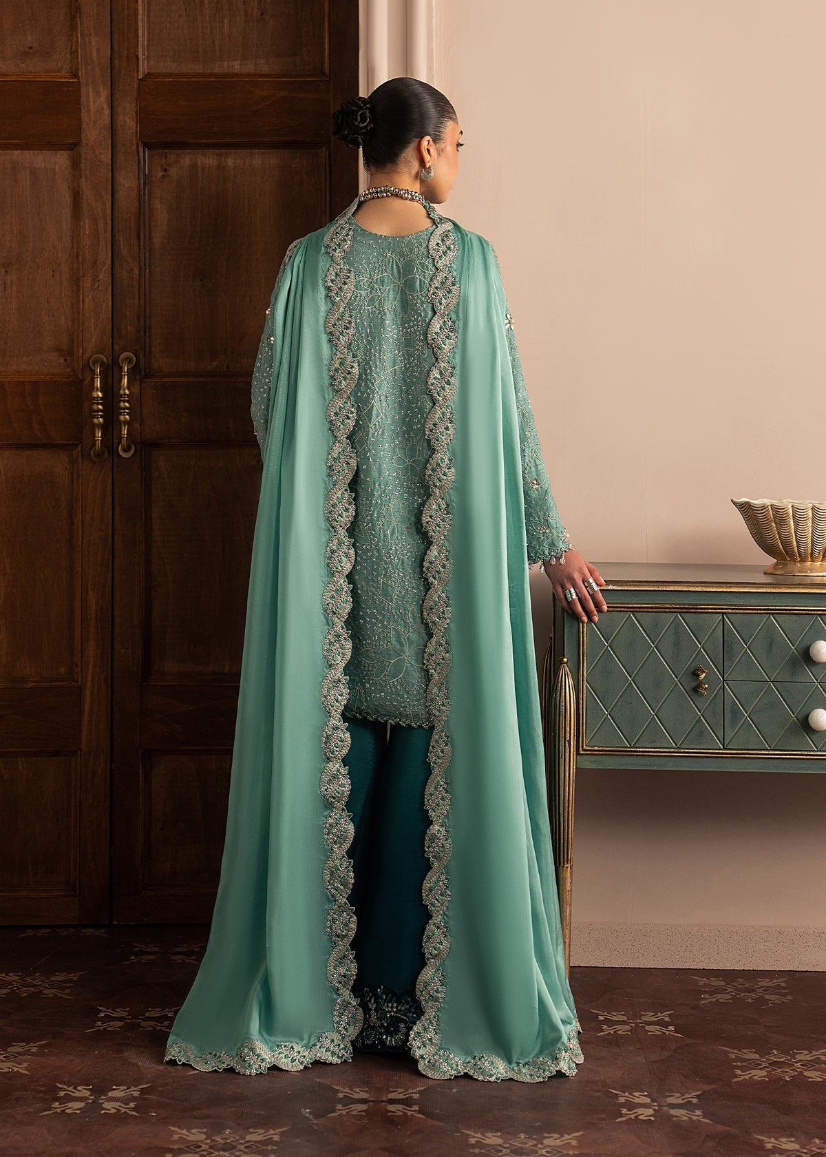 Sadaf Fawad Khan | Roya Lumiere | Aqua Eclat - Formal Dress - available at Maria Faisal in UK and USA.