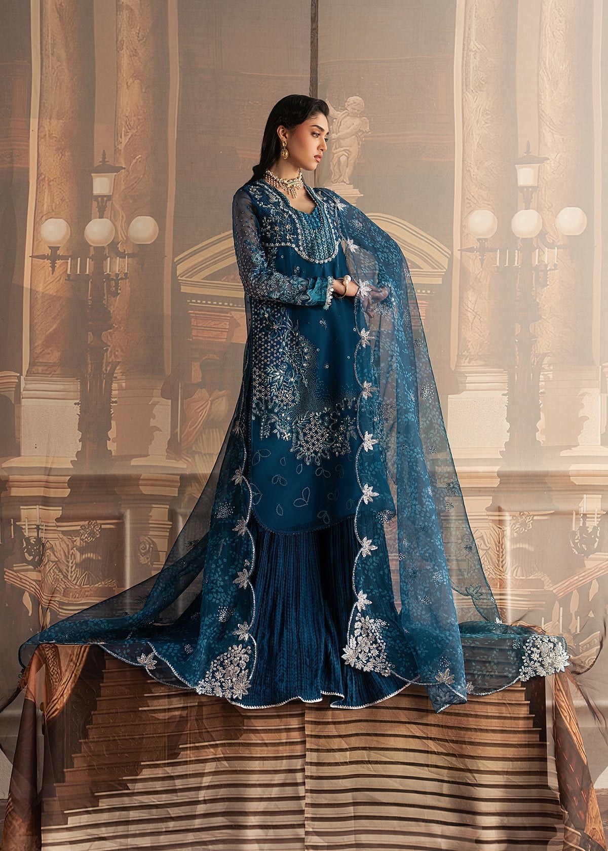 Sadaf Fawad Khan | Roya Lumiere | Marine Elan - Formal Dress - available at Maria Faisal in UK and USA.