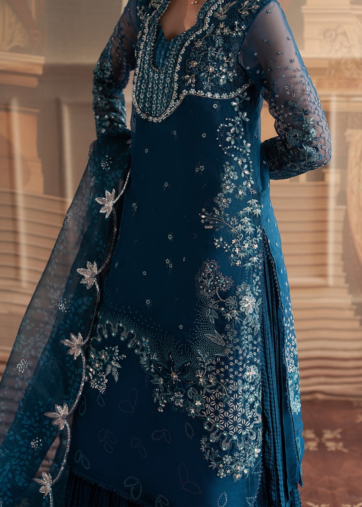 Sadaf Fawad Khan | Roya Lumiere | Marine Elan - Formal Dress - available at Maria Faisal in UK and USA.