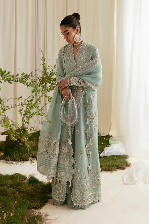 Suffuse | Freeshia Formals | Mint Angrakha - Luxury Dress - available at Maria Faisal in UK and USA.