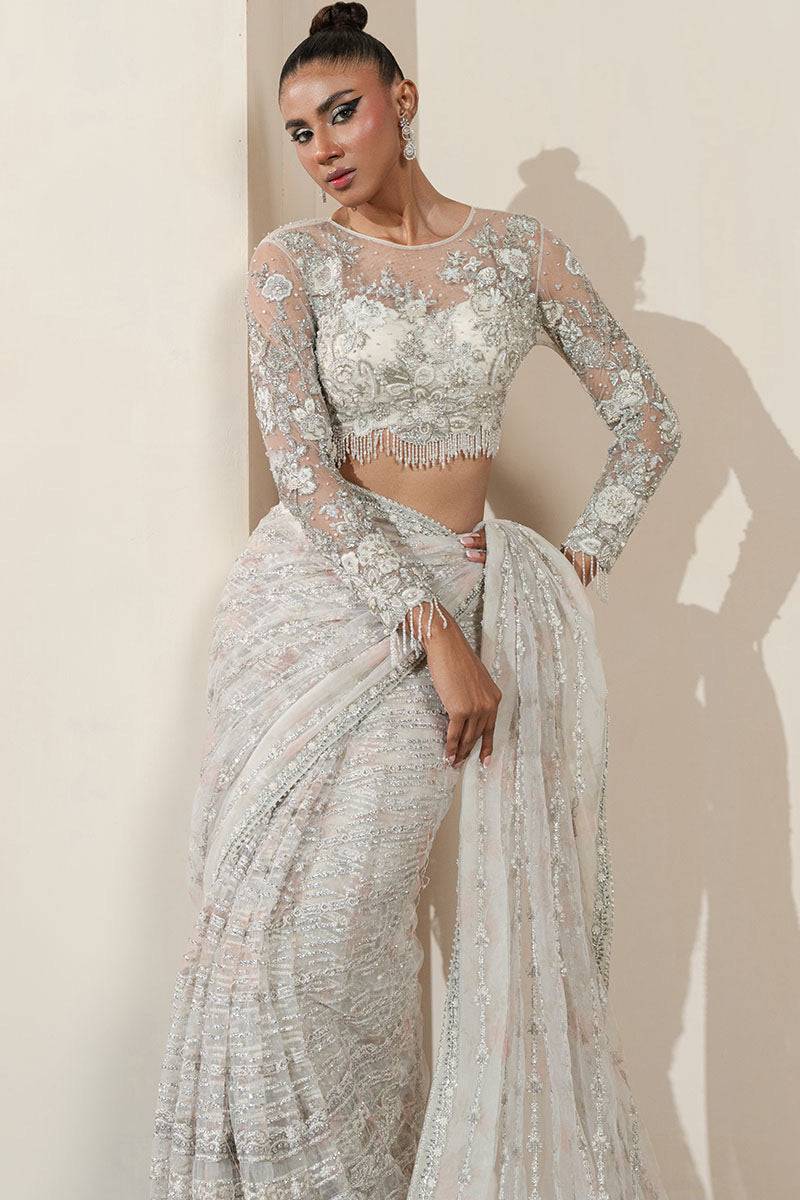 Khakaa | Serie Luxuriante 25 | White Orchid Saree - Ladies Clothes - Maria Faisal