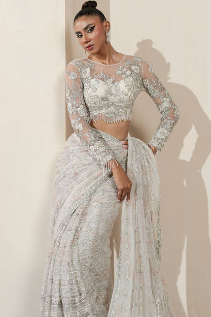 Khakaa | Serie Luxuriante 25 | White Orchid Saree - Ladies Clothes - Maria Faisal