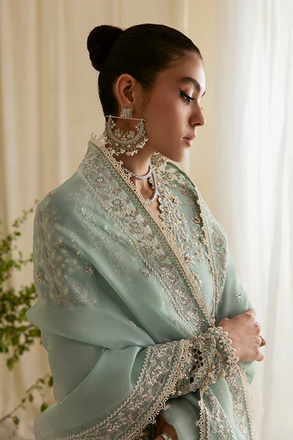 Suffuse | Freeshia Formals | Mint Angrakha - Luxury Dress - available at Maria Faisal in UK and USA.