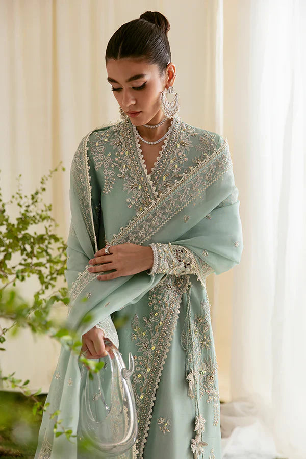 Suffuse | Freeshia Formals | Mint Angrakha - Luxury Dress - available at Maria Faisal in UK and USA.