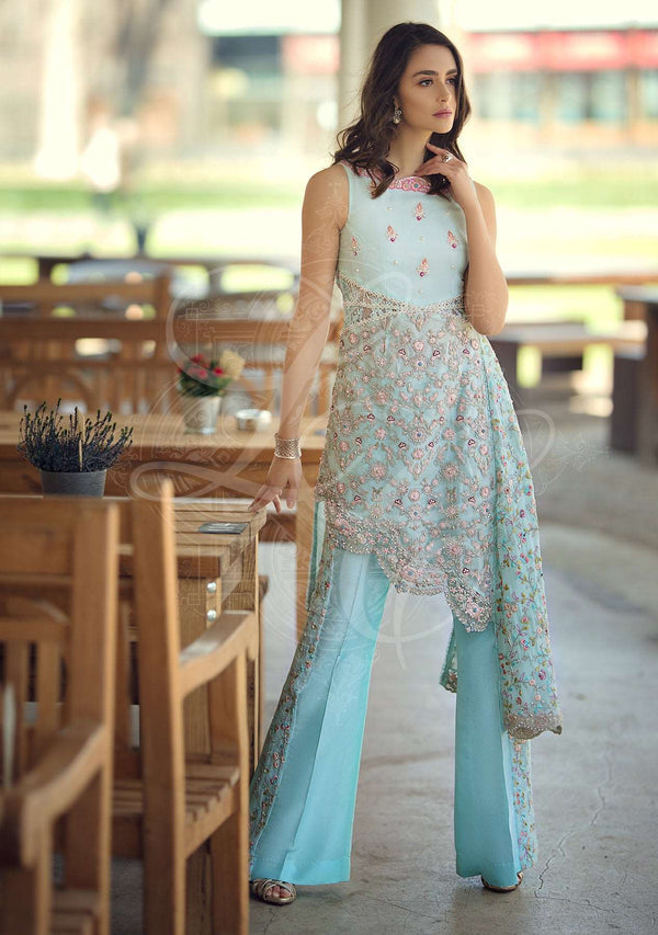Layla Chatoor | Luxury Pret | Aqua Blue Top - Luxury Dress - available at Maria Faisal in UK and USA.
