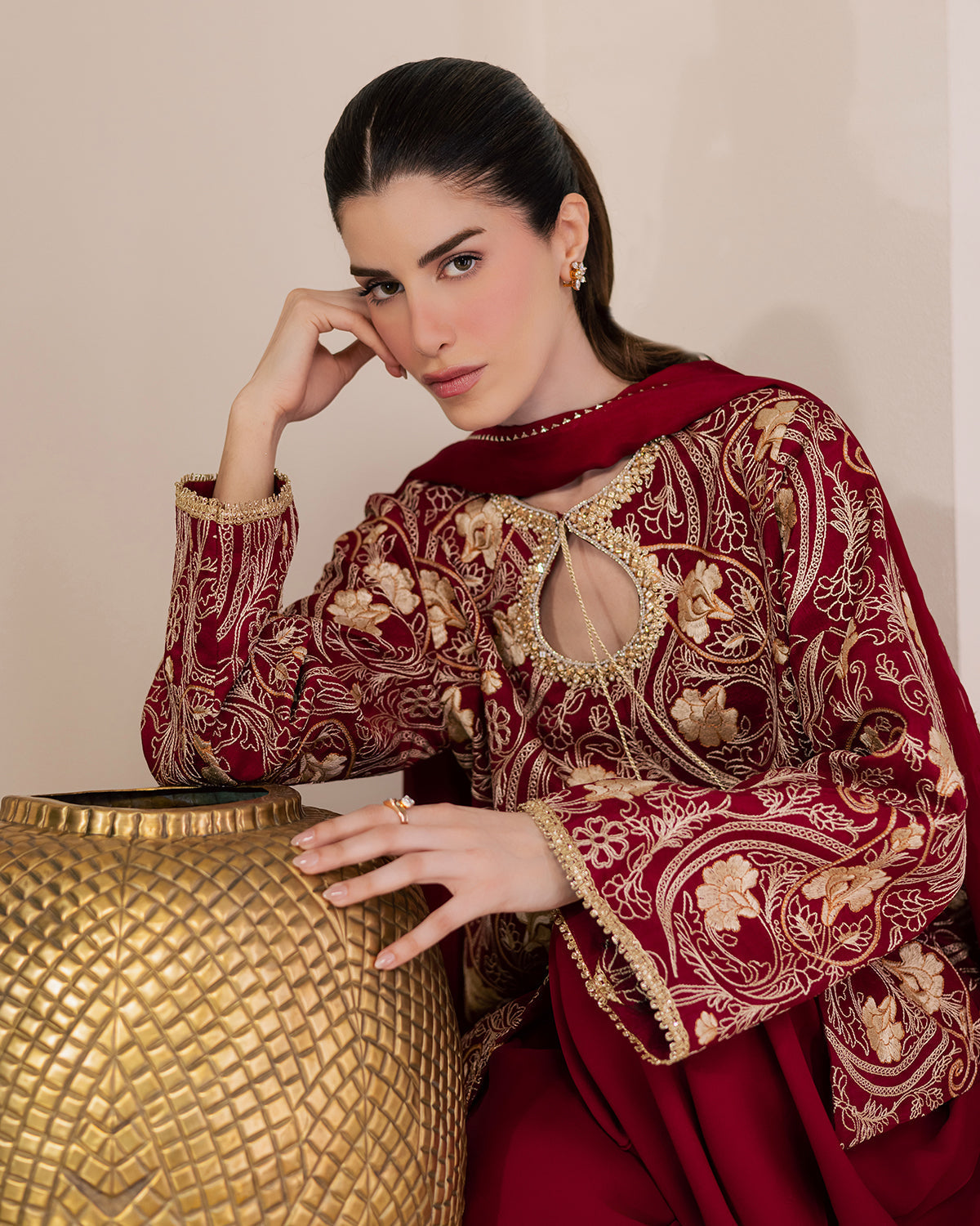 Sadaf Fawad Khan | Eva Luxury Pret 26 | Claret - Luxury Dress - available at Maria Faisal in UK and USA.