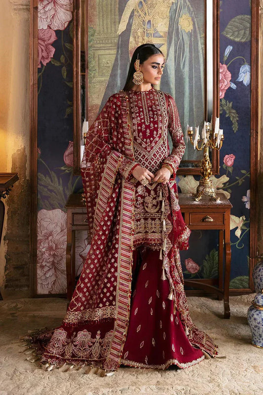 Afrozeh Hayat Wedding Formals 23 Dabeer – Maroon Pakistani Dress with intricate embroidery and embellishments. Shop elegant Asian dresses at Maria Faisal.