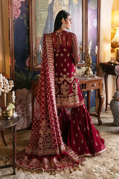 Afrozeh Hayat Wedding Formals 23 Dabeer – Maroon Pakistani Dress with intricate embroidery and embellishments. Shop elegant Asian dresses at Maria Faisal.