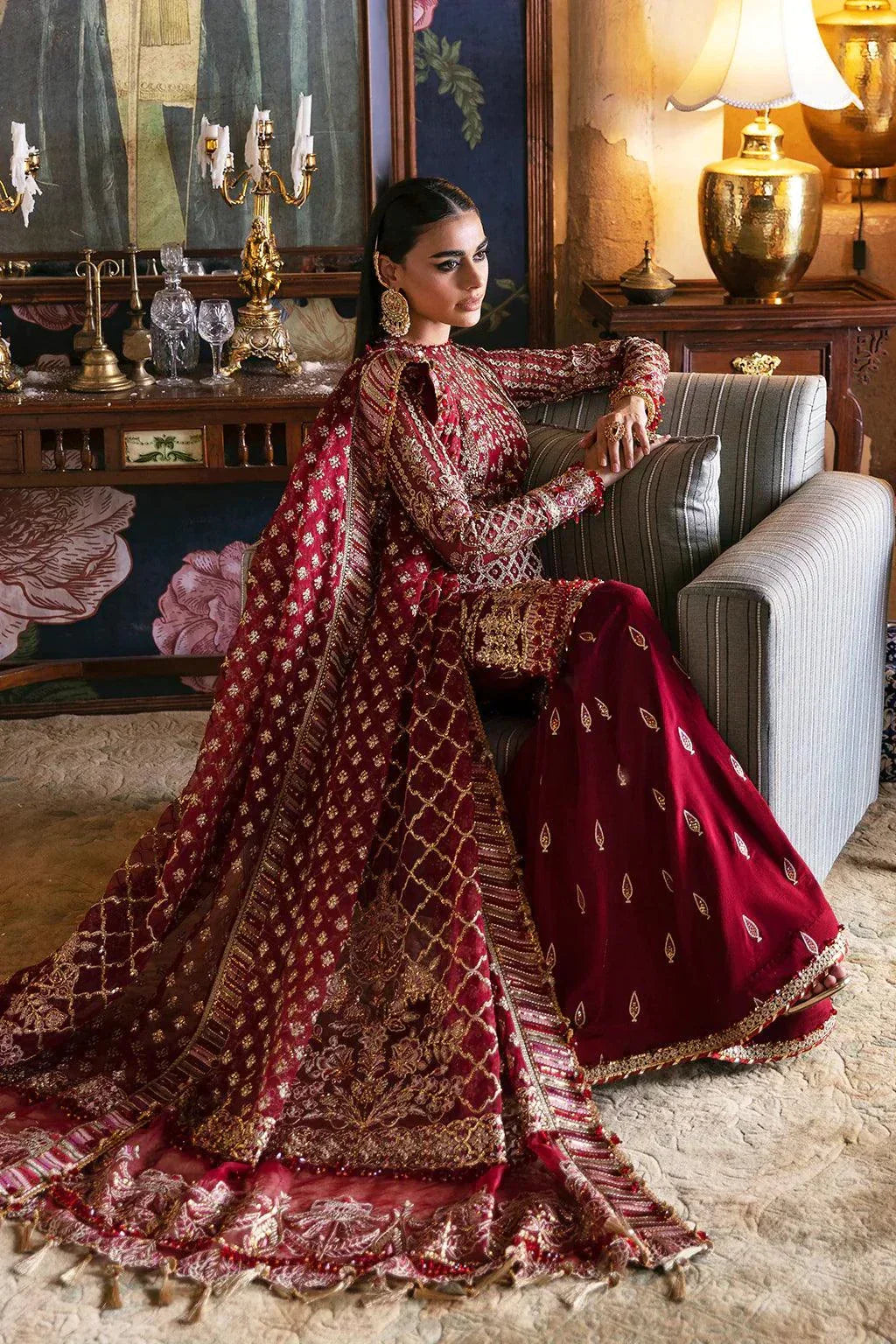 Afrozeh Hayat Wedding Formals 23 Dabeer – Maroon Pakistani Dress with intricate embroidery and embellishments. Shop elegant Asian dresses at Maria Faisal.