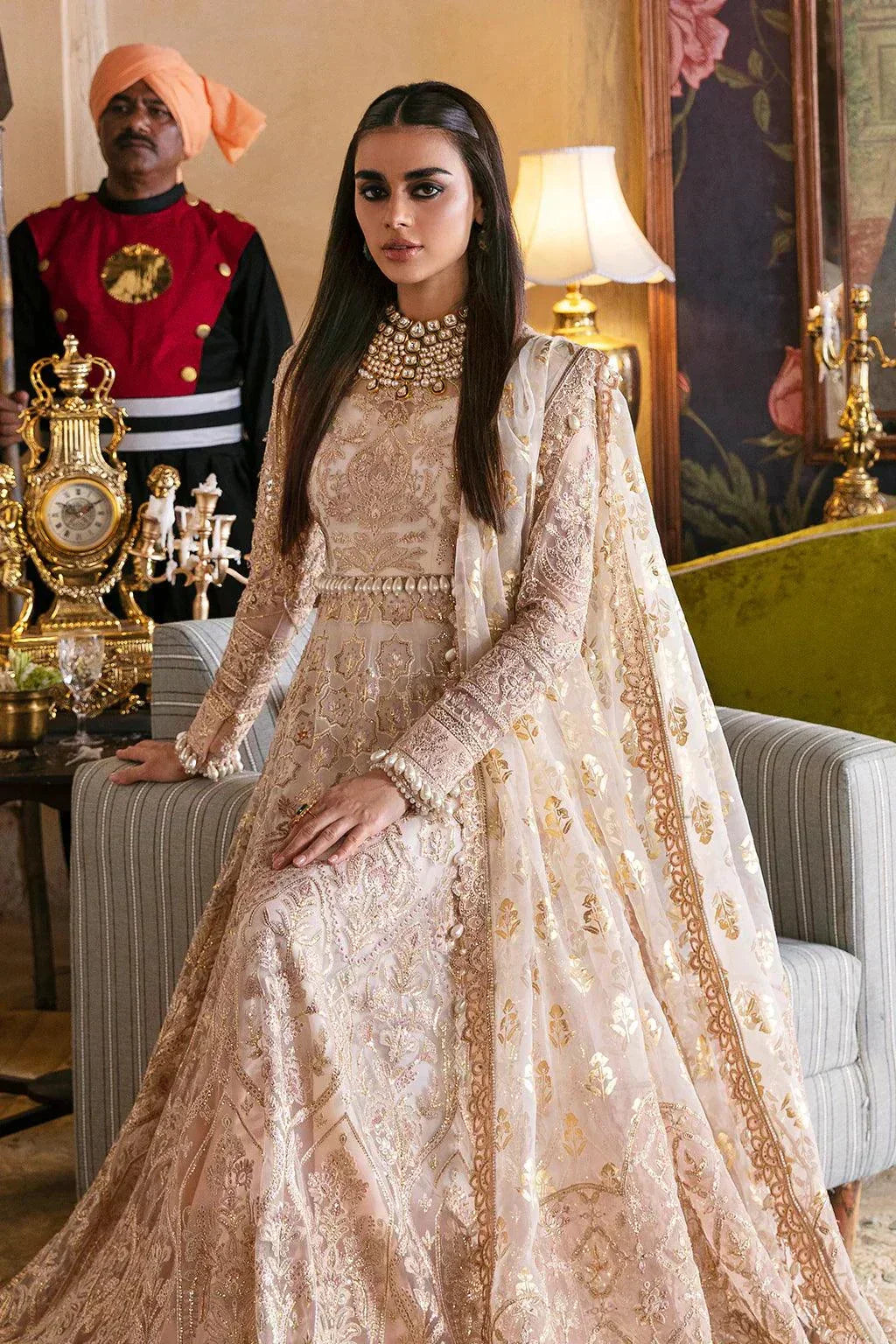 Afrozeh Hayat Wedding Formals 23 Sheemah – Off White Pakistani Dress with intricate embroidery and embellishments. Shop elegant Asian dresses at Maria Faisal.