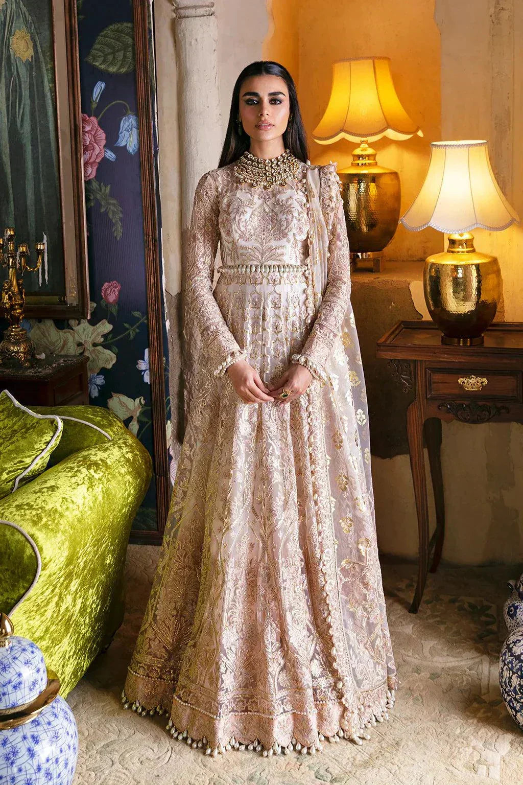 Afrozeh Hayat Wedding Formals 23 Sheemah – Off White Pakistani Dress with intricate embroidery and embellishments. Shop elegant Asian dresses at Maria Faisal.