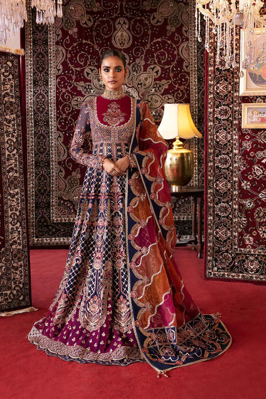 Afrozeh Hayat Wedding Formals 23 Sarang– Navy Pakistani Dress with intricate embroidery and embellishments. Shop elegant Asian dresses at Maria Faisal.