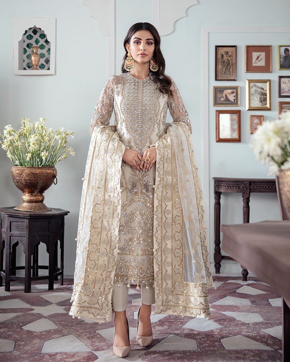 Gulaal | Wedding Formals | Mehr Embroidered Net 3-Piece Suit WS-19 - Designer Dress with Intricate embroidery and embellishments. Shop elegent wedding dress at Maria Faisal.
