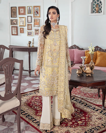 Gulaal | Wedding Formals | MAHJABEEN EMBROIDERED NET 3-PIECE SUIT WS-17 - Designer Dress with Intricate embroidery and embellishments. Shop elegent wedding dress at Maria Faisal.