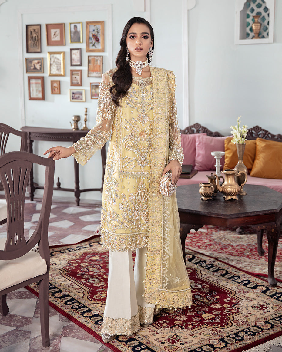 Gulaal | Wedding Formals | MAHJABEEN EMBROIDERED NET 3-PIECE SUIT WS-17 - Designer Dress with Intricate embroidery and embellishments. Shop elegent wedding dress at Maria Faisal.