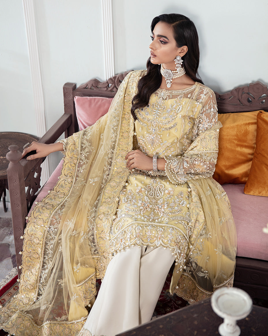 Gulaal | Wedding Formals | MAHJABEEN EMBROIDERED NET 3-PIECE SUIT WS-17 - Designer Dress with Intricate embroidery and embellishments. Shop elegent wedding dress at Maria Faisal.