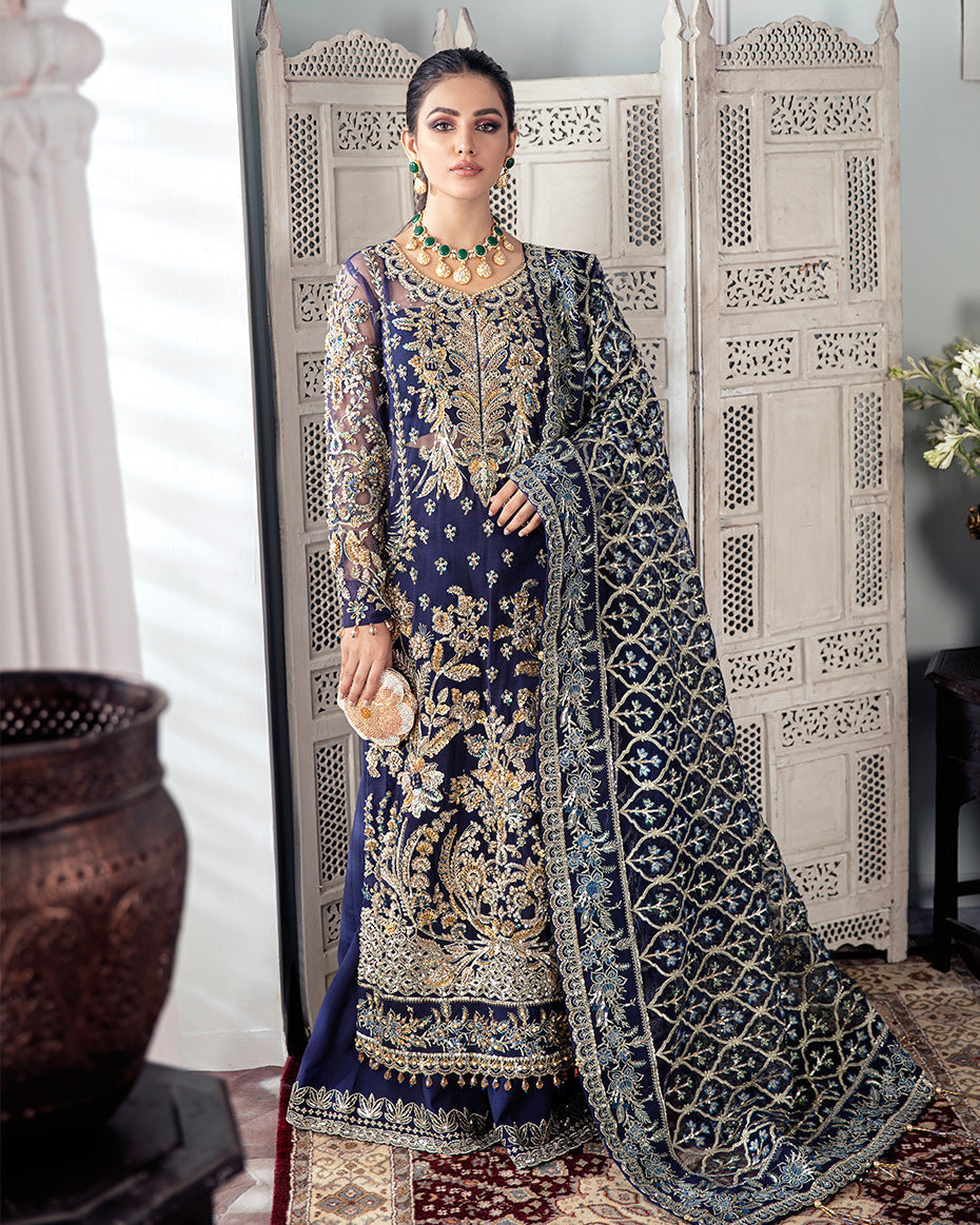Gulaal | Wedding Formals | QAYINAAT EMBROIDERED NET 3-PIECE SUIT WS-16 - Designer Dress with Intricate embroidery and embellishments. Shop elegent wedding dress at Maria Faisal.