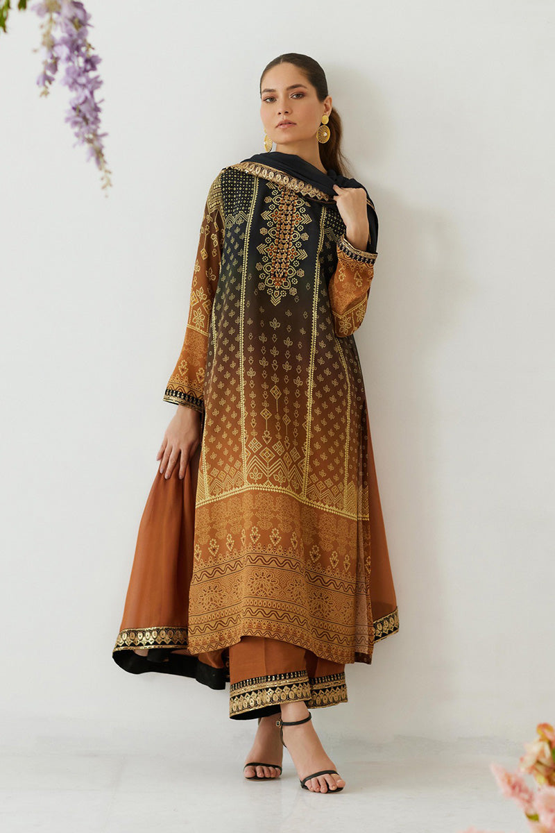 Mina Hasan | Signature Pret | Ombre Chunri - Luxury Dress - available at Maria Faisal in UK and USA.