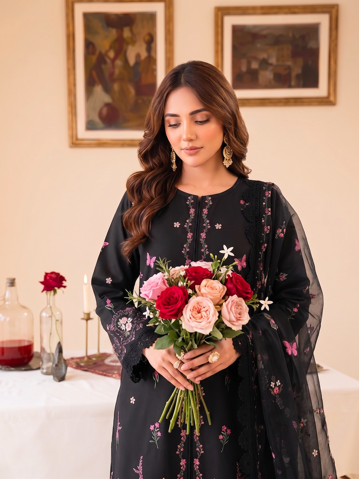 Faiza Faisal | FNF Printed Lawn | FLORAL NOIR - Casual Dress - available at Maria Faisal in UK and USA.