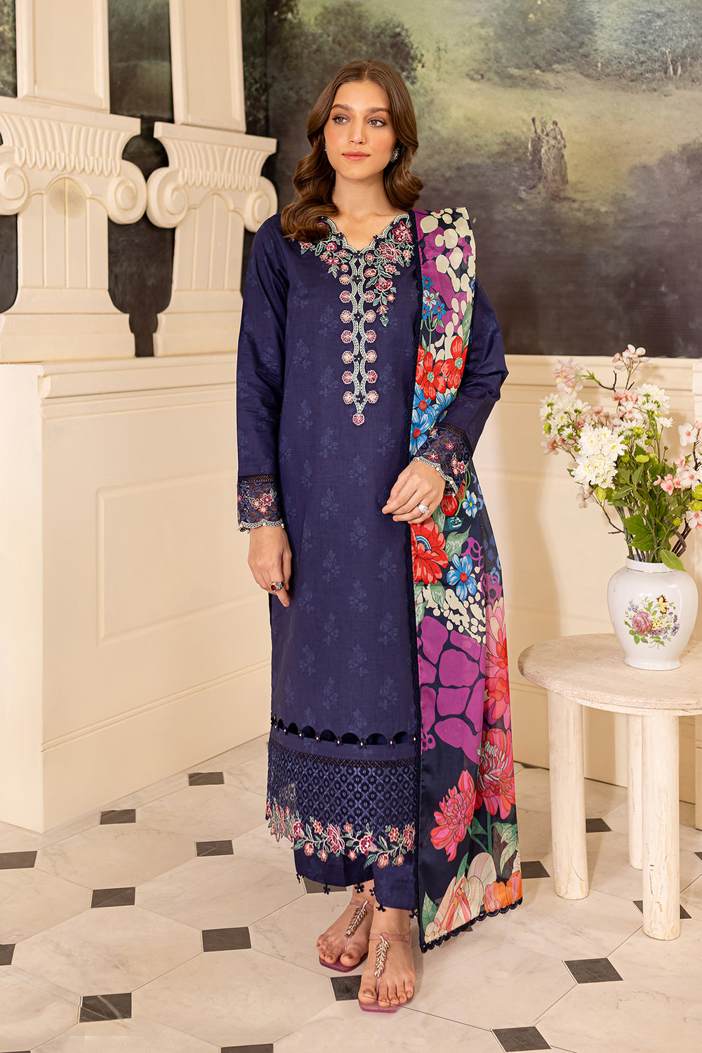 Farasha | Seraya Lawn 24 | INDIGO - Designer Dress with Intricate embroidery and embellishments. Shop elegent wedding dress at Maria Faisal.