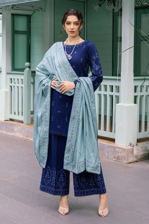 Navy Blue Embroidered Khaddar Short Shirt with Plazo - Naqshi | Nuri Khaddar Velvet Marina | Nourhan