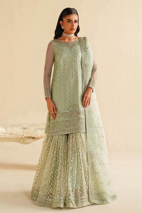 Aqua Embroidered Organza Short Shirt with Gharara - Naqshi | Feemora Organza Raw Silk | Hanam